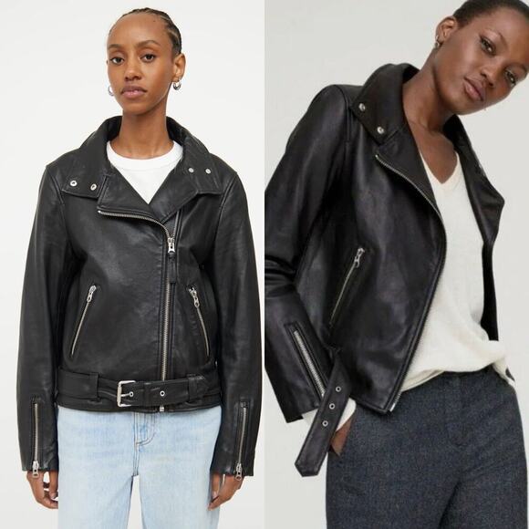Mackage Black Miela-N Belted Lambskin Leather Moto Motorcycle Biker Jacket XS - Picture 3 of 10